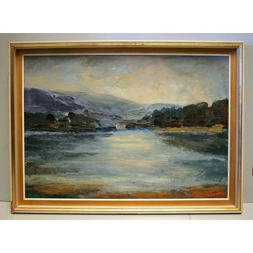 QUADRO OLIO ASTRATTO MATERICO D.Melone PAESAGGIO LACUSTRE Mattino sul lago 1964