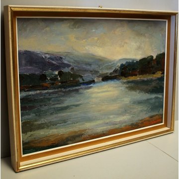 QUADRO OLIO ASTRATTO MATERICO D.Melone PAESAGGIO LACUSTRE Mattino sul lago 1964