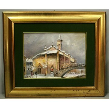 ANTICO QUADRO OLIO E.Mantegani Vecchia Milano S.Cristoforo NEVE NAVIGLIO GRANDE