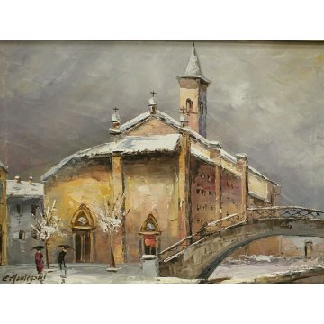 ANTICO QUADRO OLIO E.Mantegani Vecchia Milano S.Cristoforo NEVE NAVIGLIO GRANDE