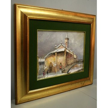 ANTICO QUADRO OLIO E.Mantegani Vecchia Milano S.Cristoforo NEVE NAVIGLIO GRANDE