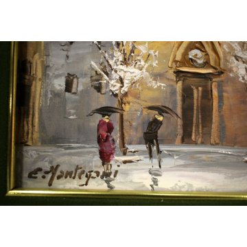 ANTICO QUADRO OLIO E.Mantegani Vecchia Milano S.Cristoforo NEVE NAVIGLIO GRANDE