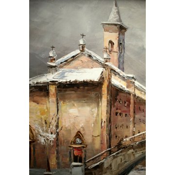 ANTICO QUADRO OLIO E.Mantegani Vecchia Milano S.Cristoforo NEVE NAVIGLIO GRANDE