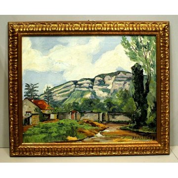 ANTICO DIPINTO OLIO TELA Jean Lassueur PAESAGGIO RURALE MONTANO CASALE MONTAGNA 
