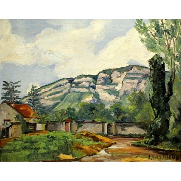 ANTICO DIPINTO OLIO TELA Jean Lassueur PAESAGGIO RURALE MONTANO CASALE MONTAGNA 