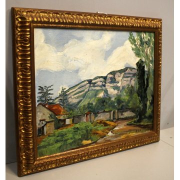 ANTICO DIPINTO OLIO TELA Jean Lassueur PAESAGGIO RURALE MONTANO CASALE MONTAGNA 