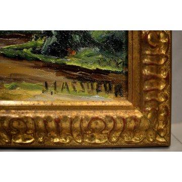 ANTICO DIPINTO OLIO TELA Jean Lassueur PAESAGGIO RURALE MONTANO CASALE MONTAGNA 