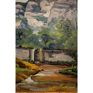 ANTICO DIPINTO OLIO TELA Jean Lassueur PAESAGGIO RURALE MONTANO CASALE MONTAGNA 