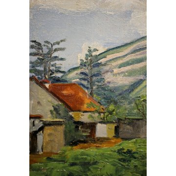 ANTICO DIPINTO OLIO TELA Jean Lassueur PAESAGGIO RURALE MONTANO CASALE MONTAGNA 