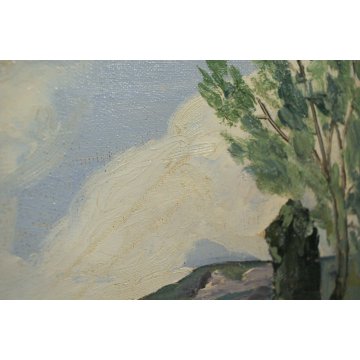 ANTICO DIPINTO OLIO TELA Jean Lassueur PAESAGGIO RURALE MONTANO CASALE MONTAGNA 