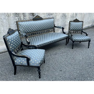 ANTICO SALOTTO POLTRONE DIVANO PRIMI 900 INTARSIATA OTTONE MADREPERLA EBANIZZATA