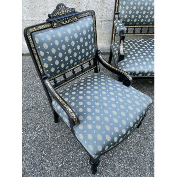 ANTICO SALOTTO POLTRONE DIVANO PRIMI 900 INTARSIATA OTTONE MADREPERLA EBANIZZATA