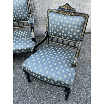 ANTICO SALOTTO POLTRONE DIVANO PRIMI 900 INTARSIATA OTTONE MADREPERLA EBANIZZATA