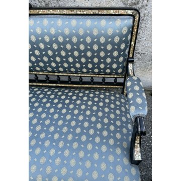 ANTICO SALOTTO POLTRONE DIVANO PRIMI 900 INTARSIATA OTTONE MADREPERLA EBANIZZATA