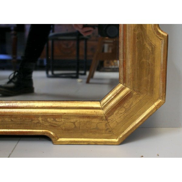 ANTICO SPECCHIO SPECCHIERA a VASSOIO FOGLIA ORO CORNICE DECORO BULINO EPOCA  '800