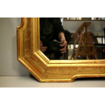 ANTICO SPECCHIO SPECCHIERA a VASSOIO FOGLIA ORO CORNICE DECORO BULINO EPOCA '800