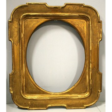 ANTICA CORNICE VASSOIO LEGNO DORATO LUCE OVALE DECORO BULINO GOLDEN FRAME '800