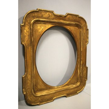 ANTICA CORNICE VASSOIO LEGNO DORATO LUCE OVALE DECORO BULINO GOLDEN FRAME '800