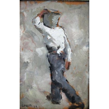  ANTICO DIPINTO OLIO TAVOLA Edmondo Poletti RITRATTO FIGURA MURATORE NOVARA 29