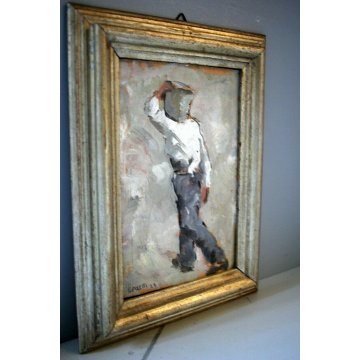  ANTICO DIPINTO OLIO TAVOLA Edmondo Poletti RITRATTO FIGURA MURATORE NOVARA 29