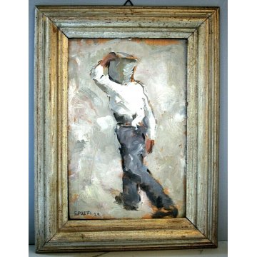  ANTICO DIPINTO OLIO TAVOLA Edmondo Poletti RITRATTO FIGURA MURATORE NOVARA 29