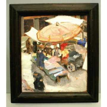  ANTICO DIPINTO OLIO TAVOLA E. Poletti SCORCIO MERCATO Via del Rosario NOVARA 29