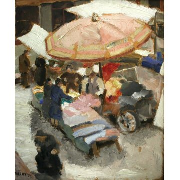  ANTICO DIPINTO OLIO TAVOLA E. Poletti SCORCIO MERCATO Via del Rosario NOVARA 29