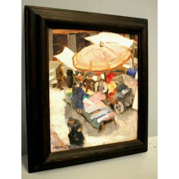  ANTICO DIPINTO OLIO TAVOLA E. Poletti SCORCIO MERCATO Via del Rosario NOVARA 29