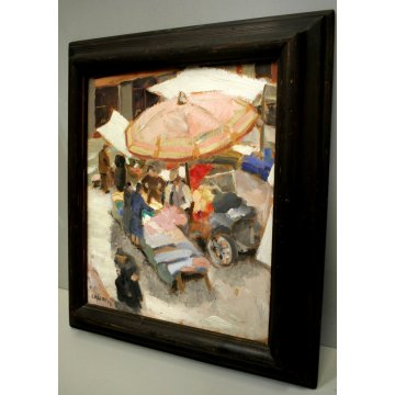  ANTICO DIPINTO OLIO TAVOLA E. Poletti SCORCIO MERCATO Via del Rosario NOVARA 29