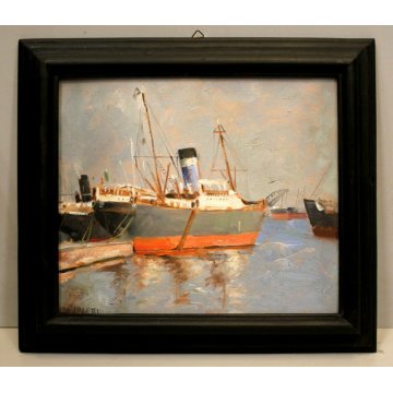ANTICO DIPINTO OLIO TAVOLA E.Poletti PAESAGGIO MARINA PORTO GENOVA PIROSCAFO '29