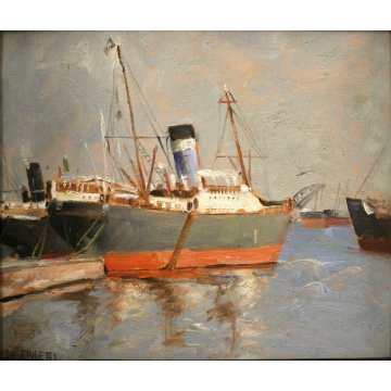 ANTICO DIPINTO OLIO TAVOLA E.Poletti PAESAGGIO MARINA PORTO GENOVA PIROSCAFO '29