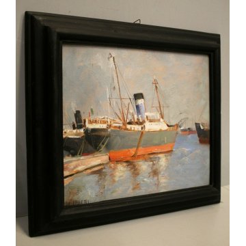 ANTICO DIPINTO OLIO TAVOLA E.Poletti PAESAGGIO MARINA PORTO GENOVA PIROSCAFO '29