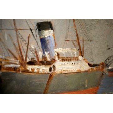 ANTICO DIPINTO OLIO TAVOLA E.Poletti PAESAGGIO MARINA PORTO GENOVA PIROSCAFO '29