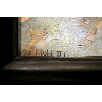 ANTICO DIPINTO OLIO TAVOLA E.Poletti PAESAGGIO MARINA PORTO GENOVA PIROSCAFO '29