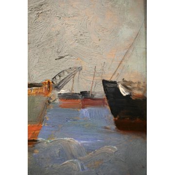 ANTICO DIPINTO OLIO TAVOLA E.Poletti PAESAGGIO MARINA PORTO GENOVA PIROSCAFO '29