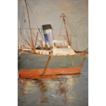 ANTICO DIPINTO OLIO TAVOLA E.Poletti PAESAGGIO MARINA PORTO GENOVA PIROSCAFO '29