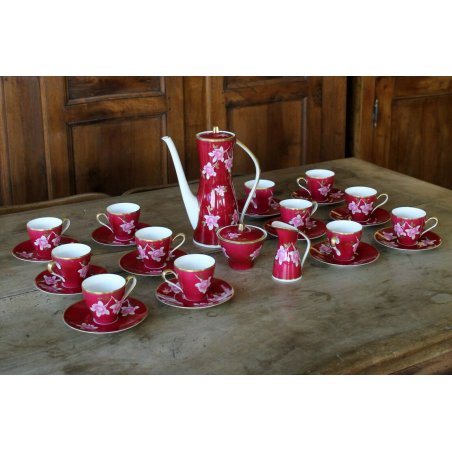 SERVIZIO CAFFE' VINTAGE Limoges Sevres12cup PORCELLANA BIANCA BORDEAUX ROSE ORO