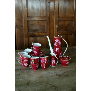 SERVIZIO CAFFE' VINTAGE Limoges Sevres12cup PORCELLANA BIANCA BORDEAUX ROSE ORO