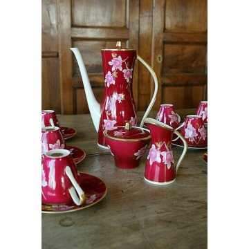 SERVIZIO CAFFE' VINTAGE Limoges Sevres12cup PORCELLANA BIANCA BORDEAUX ROSE ORO