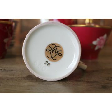SERVIZIO CAFFE' VINTAGE Limoges Sevres12cup PORCELLANA BIANCA BORDEAUX ROSE ORO