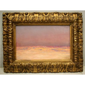 ANTICO QUADRO OLIO TAVOLA Roncagli MARINA PAESAGGIO ALBA TRAMONTO MARE 1903