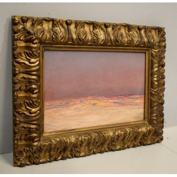 ANTICO QUADRO OLIO TAVOLA Roncagli MARINA PAESAGGIO ALBA TRAMONTO MARE 1903