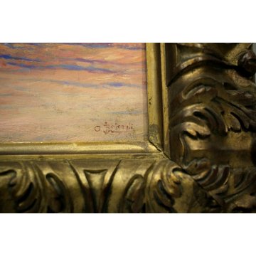 ANTICO QUADRO OLIO TAVOLA Roncagli MARINA PAESAGGIO ALBA TRAMONTO MARE 1903