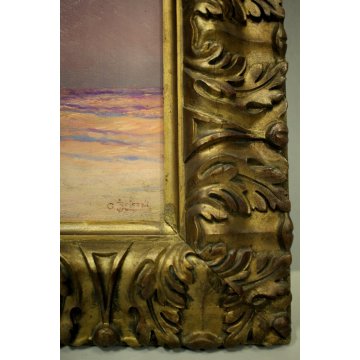 ANTICO QUADRO OLIO TAVOLA Roncagli MARINA PAESAGGIO ALBA TRAMONTO MARE 1903