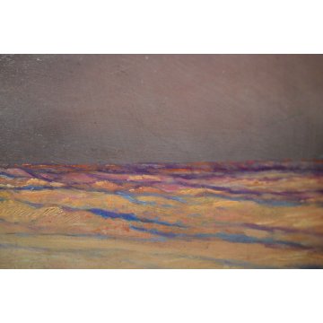 ANTICO QUADRO OLIO TAVOLA Roncagli MARINA PAESAGGIO ALBA TRAMONTO MARE 1903