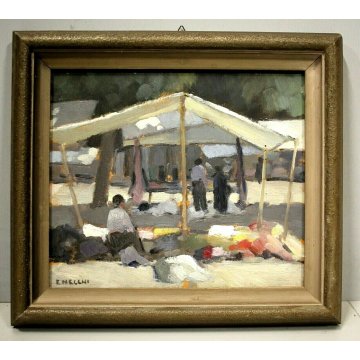  ANTICO DIPINTO OLIO TAVOLA E. Necchi SCORCIO MERCATO NATURA MORTA AGLIO CIPOLLA