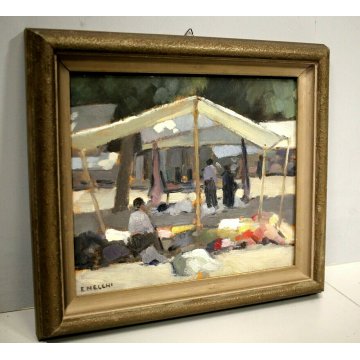  ANTICO DIPINTO OLIO TAVOLA E. Necchi SCORCIO MERCATO NATURA MORTA AGLIO CIPOLLA