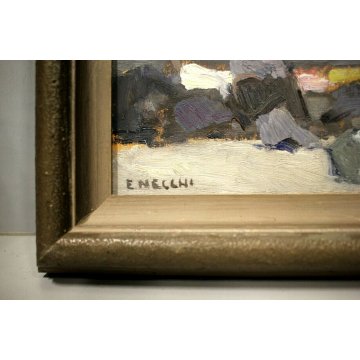  ANTICO DIPINTO OLIO TAVOLA E. Necchi SCORCIO MERCATO NATURA MORTA AGLIO CIPOLLA