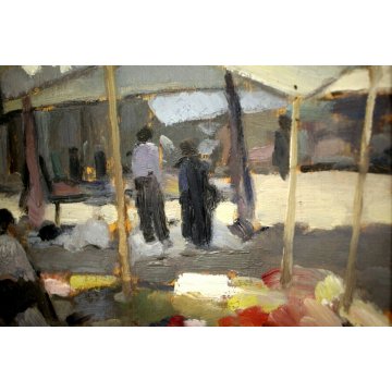  ANTICO DIPINTO OLIO TAVOLA E. Necchi SCORCIO MERCATO NATURA MORTA AGLIO CIPOLLA