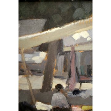  ANTICO DIPINTO OLIO TAVOLA E. Necchi SCORCIO MERCATO NATURA MORTA AGLIO CIPOLLA